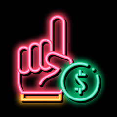 Sticker - Hand Sign Money Betting And Gambling neon light sign vector. Glowing bright icon sign. transparent symbol illustration