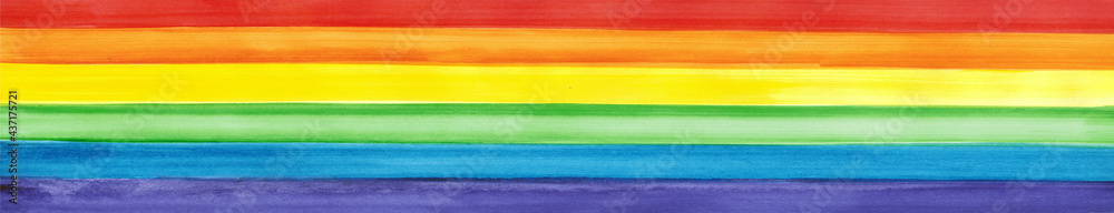 LGBT pride rainbow flag. Symbol of sexual minorities and tolerance. LGBTQ, LGBT + community concept. Watercolor painted background with copy space for design. Wide banner. Website header. - obrazy, fototapety, plakaty 