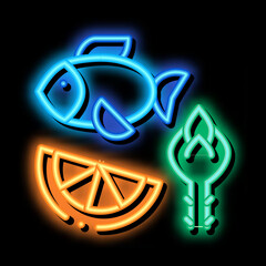 Poster - Nutrients of Fish and Fruit Biohacking neon light sign vector. Glowing bright icon sign. transparent symbol illustration
