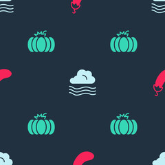 Sticker - Set Eggplant, Windy weather and Pumpkin on seamless pattern. Vector