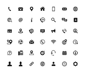 Set of 42 solid contact icons. Black vector symbols.