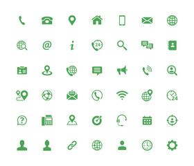 Fototapete - Set of 42 solid contact icons. Green vector symbols.