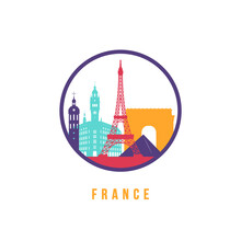 Famous France Landmarks Silhouette. Colorful France Skyline Round Icon. Vector Template For Postmark, Stamp, Badge Or Logo.
