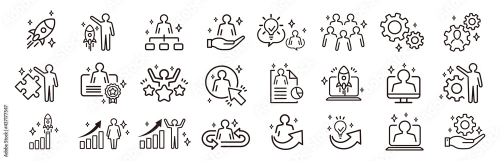 Business Startup Management Teamwork strategy Employee line  icons set - obrazy, fototapety, plakaty 