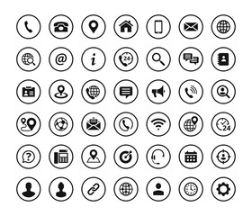 Leinwandbilder - Set of 42 solid contact icons in circle shape. Black vector symbols.