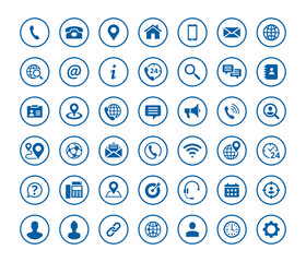 Leinwandbilder - Set of 42 solid contact icons in circle shape. Blue vector symbols.