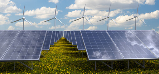Wall Mural - photovoltaic panels and windmills in a meadow of blooming dandelions