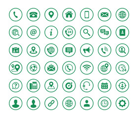 Leinwandbilder - Set of 42 solid contact icons in circle shape. Green vector symbols.