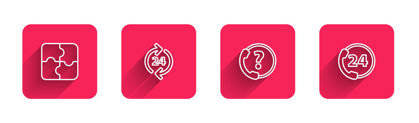 Sticker - Set line Piece of puzzle, Telephone 24 hours support, and with long shadow. Red square button. Vector