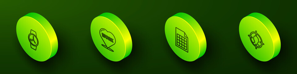 Poster - Set Isometric line Wrist watch, Heart with text work, File document and Head hunting concept icon. Vector