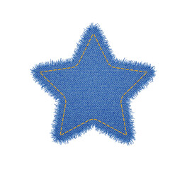 denim star shape with seam. torn jean patch with stitches. vector realistic illustration on white ba