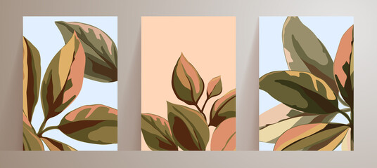 Set of templates for poster, covers with abstract natural and botanical patterns. Multicolored large leaves green and pink.