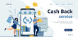 Online cashback service with phone screen.Happy customer get rewards from store.Internet money saving.Loyalty program illustration for web,landing page,banner.Refer a friend concept design.Earn point