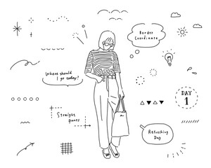 Wall Mural - 線画の女性と落書きイラストのセット　シンプル　手描き　雑誌風　おしゃれ　飾り　装飾　吹き出し