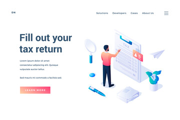 Poster - Fill out your tax form. Isometric web banner template. Businessman standing up to huge tax form and filling it online. Tax return. Electronic tax filling service. Vector illustration
