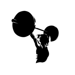 Wall Mural - Weightlifting, woman lifting big barbell, bodybuilding. Isolated vector silhouette, ink drawing female bodybuilder logo