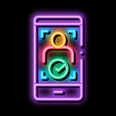 Poster - Phone Person Verification neon light sign vector. Glowing bright icon Phone Person Verification sign. transparent symbol illustration