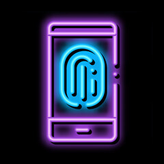 Poster - Scan Fingerprint in Phone neon light sign vector. Glowing bright icon Scan Fingerprint in Phone sign. transparent symbol illustration