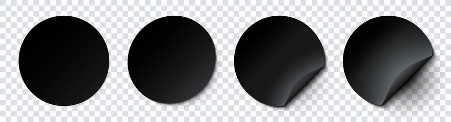 Wall Mural - Mockup realistic paper round stickers black colors with curved corner and shadow. Black round sticker on a transparent background. Vector illustration EPS10	
