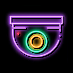 Poster - Security Surveillance Camera neon light sign vector. Glowing bright icon Security Surveillance Camera sign. transparent symbol illustration