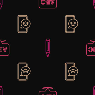 Set line Alphabet, Graduation cap on mobile and Marker pen on seamless pattern. Vector