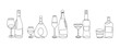 One line alcohol beverage. Glass bottles with strong scotch and glasses of wine, continuous line modern graphic. Vector drinks set