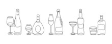 One Line Alcohol Beverage. Glass Bottles With Strong Scotch And Glasses Of Wine, Continuous Line Modern Graphic. Vector Drinks Set
