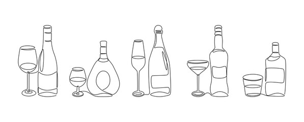 One line alcohol beverage. Glass bottles with strong scotch and glasses of wine, continuous line modern graphic. Vector drinks set