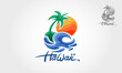 Hawaii Vector Logo Illustration. Water ocean waves with sun, palm tree and beach, for restaurant and hotel. 
