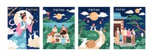 Greeting Cards For Chinese Lantern Night Celebration In Asia. Families With Children, Moon Goddess And Bunnies With Mooncakes. Colored Flat Vector Illustration. Translation Happy Mid-Autumn Festival
