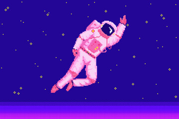 Fototapete - Pixel art astronaut. Spaceman 8 bit objects. Space art, digital icons. cosmonaut on the moon. Retro assets. Vintage game style. Set of characters. Vector illustration.