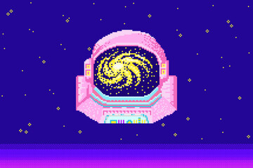 Fototapete - Pixel art astronaut. Reflection in Space suit. Spaceman 8 bit objects. Space art, digital icons. cosmonaut on the moon. Retro assets. Vintage game style. Set of characters. Vector illustration.