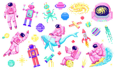 Fototapete - Set of space stars, alien spaceman, robot rocket and satellite cubes solar system planets pixel art, digital vintage game style. Cosmonaut on whale. Venus, Earth, Mars, Jupite. icons composition.