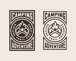 Set of color illustrations of crossed axes, fire and text on the background. Vector illustration in vintage style for poster, emblem, print, label and sticker. Camping. Wildlife travel.
