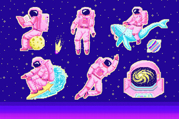 Fototapete - Pixel art astronaut. Spaceman 8 bit objects. Space art, digital icons. cosmonaut on a whale, moon and wave. Retro assets. Vintage game style. Set of characters. Vector illustration.