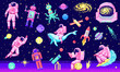 Set of space stars, alien spaceman, robot rocket and satellite cubes solar system planets pixel art, digital vintage game style. Cosmonaut on whale. Venus, Earth, Mars, Jupite. icons composition.