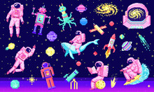 Set Of Space Stars, Alien Spaceman, Robot Rocket And Satellite Cubes Solar System Planets Pixel Art, Digital Vintage Game Style. Cosmonaut On Whale. Venus, Earth, Mars, Jupite. Icons Composition.