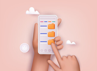 Poster - hand holding phone with files folders. 3d vector illustrations.