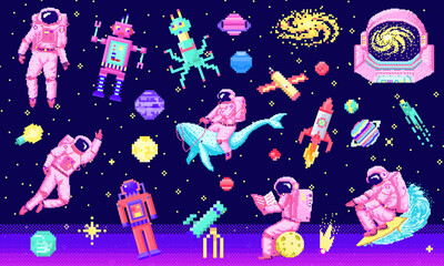 Fototapete - Set of space stars, alien spaceman, robot rocket and satellite cubes solar system planets pixel art, digital vintage game style. Cosmonaut on whale. Venus, Earth, Mars, Jupite. icons composition.