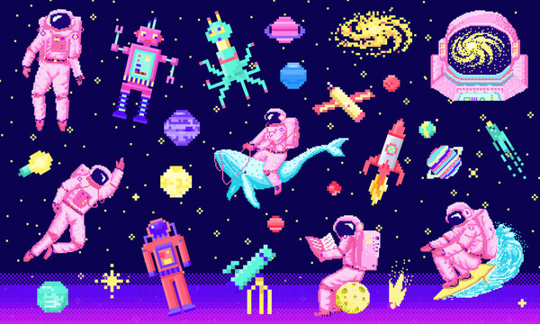Fototapete - Set of space stars, alien spaceman, robot rocket and satellite cubes solar system planets pixel art, digital vintage game style. Cosmonaut on whale. Venus, Earth, Mars, Jupite. icons composition.