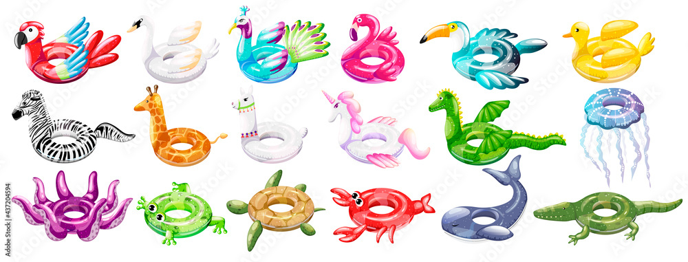 Set of inflatable swim pool floats and rings in the form of flamingos ...
