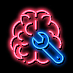 Poster - Brain Wrench neon light sign vector. Glowing bright icon Brain Wrench sign. transparent symbol illustration