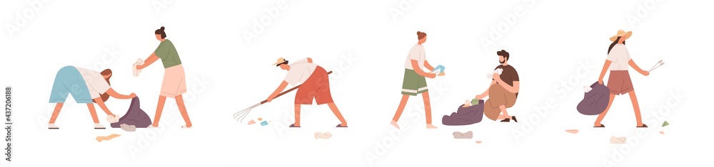 Set of eco-volunteers picking garbage to trash bags. People, men and women, cleaning environment by collecting plastic litter and waste. Colored flat vector illustration isolated on white background - obrazy, fototapety, plakaty 