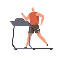 Poster - Person running on treadmill. Young man during cardio workout on gym equipment. Runner exercising on sports machine. Jogger training in sportswear. Flat vector illustration isolated on white background