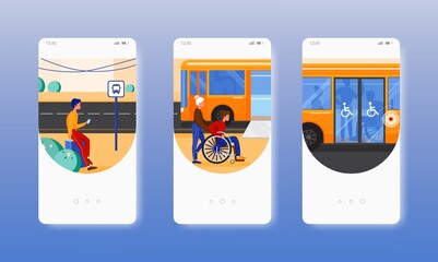 Wall Mural - Bus station. City bus wheelchair access ramp. Mobile app screens, vector website banner template. UI, web site design.