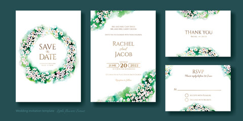 wedding invitation, save the date, thank you, rsvp card template. vector. cute little flowers. water