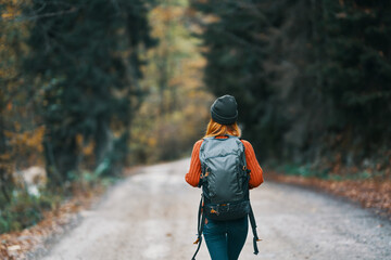traveler with a backpack in the forest on the road in autumn trees model