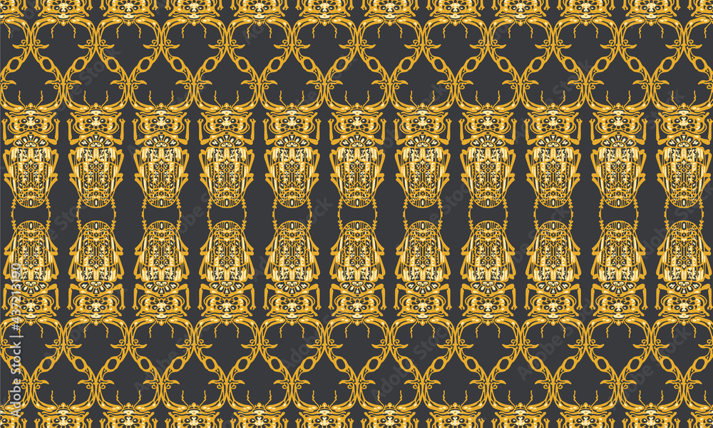 Seamless pattern with decorative illustrations of stag beetle insects on a black background in vertical repeat.