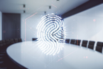 Poster - Double exposure of virtual creative fingerprint hologram on a modern meeting room background, research and development concept