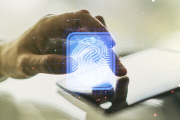 Aufkleber - Multi exposure of abstract creative fingerprint illustration with finger presses on a digital tablet on background, digital access concept